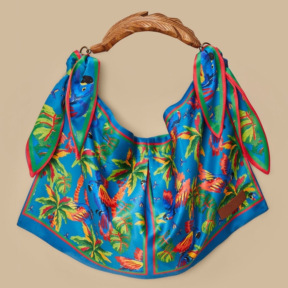 Farm Rio Tropical Blue Silk Scarf bag with Wooden Handle